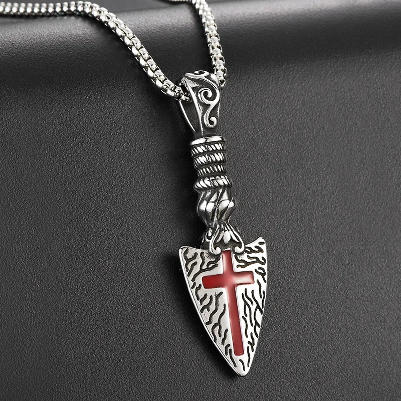 316L Stainless Steel Cross Necklace for Men Jewelry Fashion Personality Retro Spearhead Arrow Pendant Necklace Gift Accessories