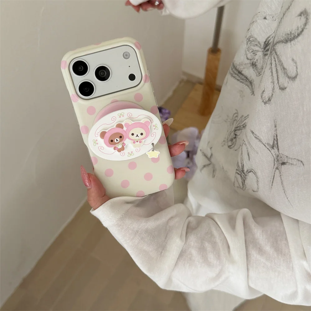 Sweet Cartoon Bear Case For iPhone 15 16 17 Pro Max Pink Polka Dot Magnetic Stand Star Pendant Shockproof Cover For Girls Women