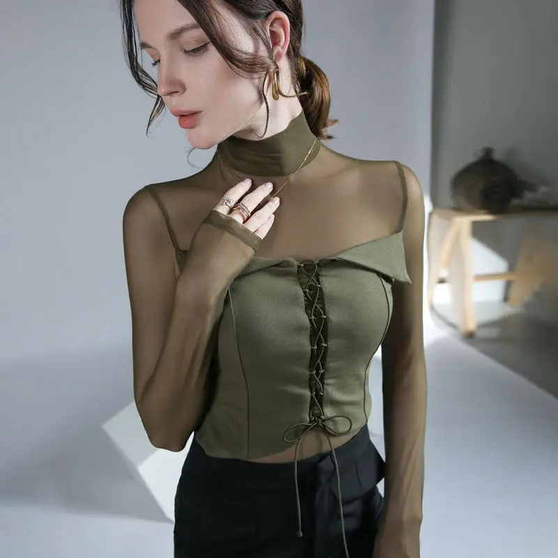 Spring Autumn Fashion High Collar Women\'s Clothing Leisure Versatile Slim Fit Patchwork Korean Style Tees Female Clothes Tops