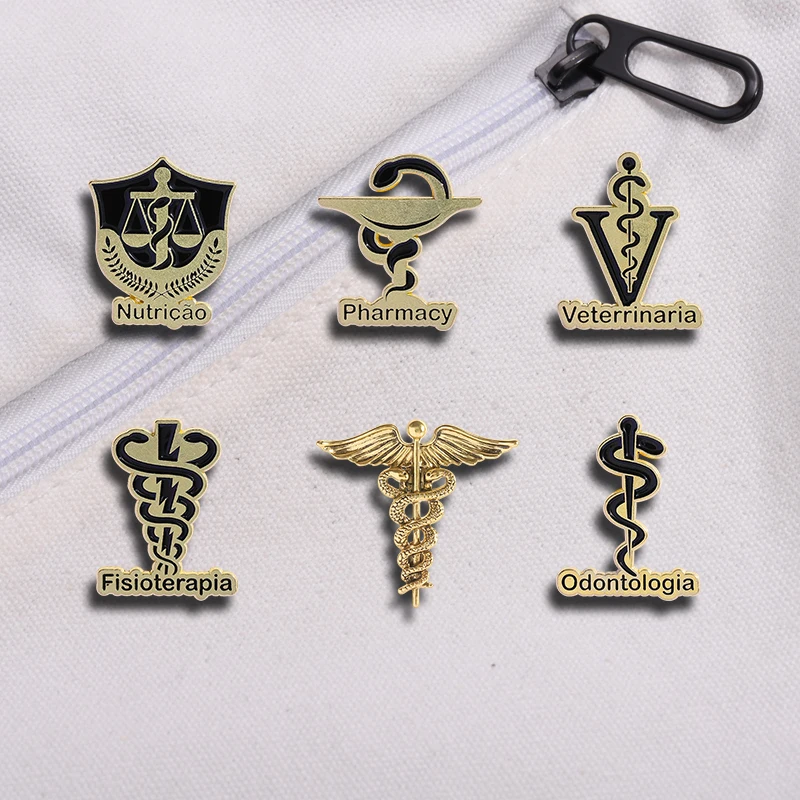 Fisioterapia farmacia Odontologia símbolo caduceo serpiente esmalte Pins personalizado insignia médica bolsa broche de solapa regalo para médico enfermera