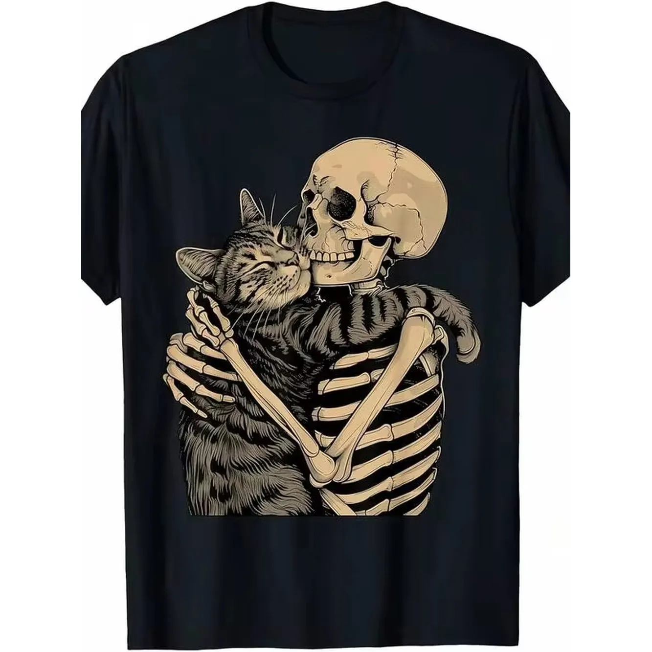 Men Gothic Skeleton Hugging Cat Graphic T-Shirt Cotton Crew Neck Tee With Slight Stretch Black White Contrast Casual Halloween Costume For Cat