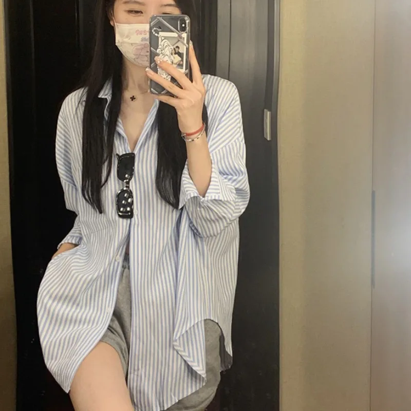 

Pink Striped Casual Loose Women's irt Spring 2026 Faion Sweet Design Korean Sle Early Spring Outerwear Collar