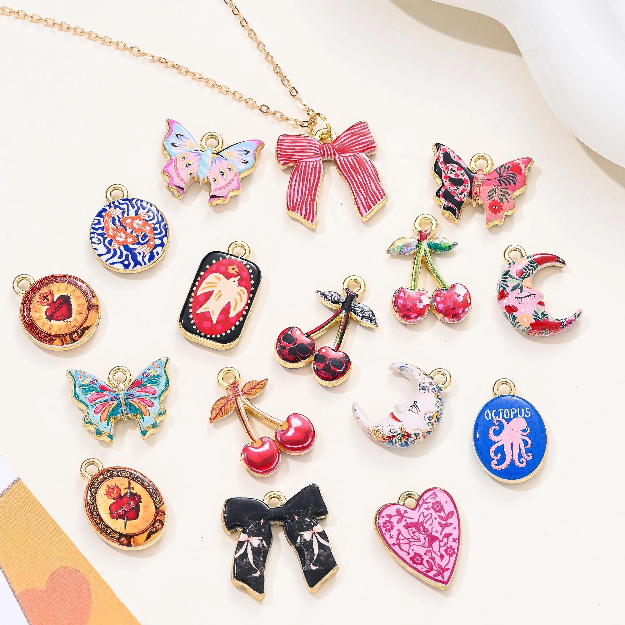 iYOE Cute Floral Animal Enamel Charm Heart Moon Butterfly Cherry Boot Golden Oil Pendant for Jewelry Making Bracelet Necklace