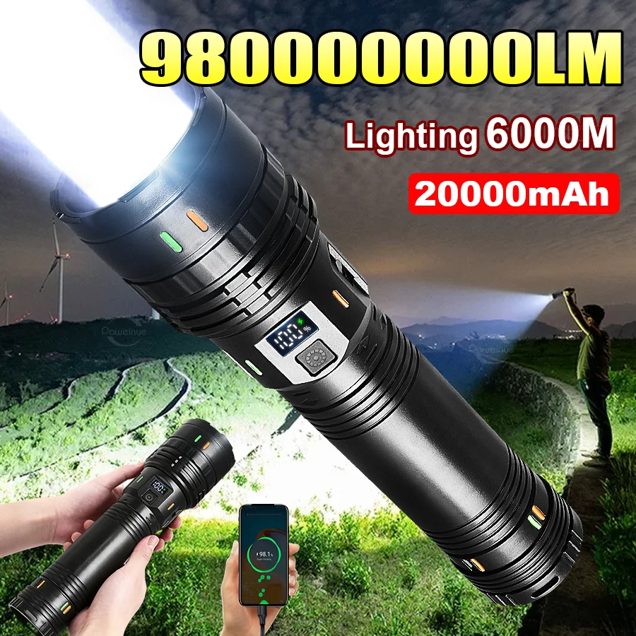 

Мощный фонарик Супер большой фонарик Встроенный аккумулятор Перезаряжаемый фонарик дальнего действия Открытый Самый мощный светодиодный фонарик