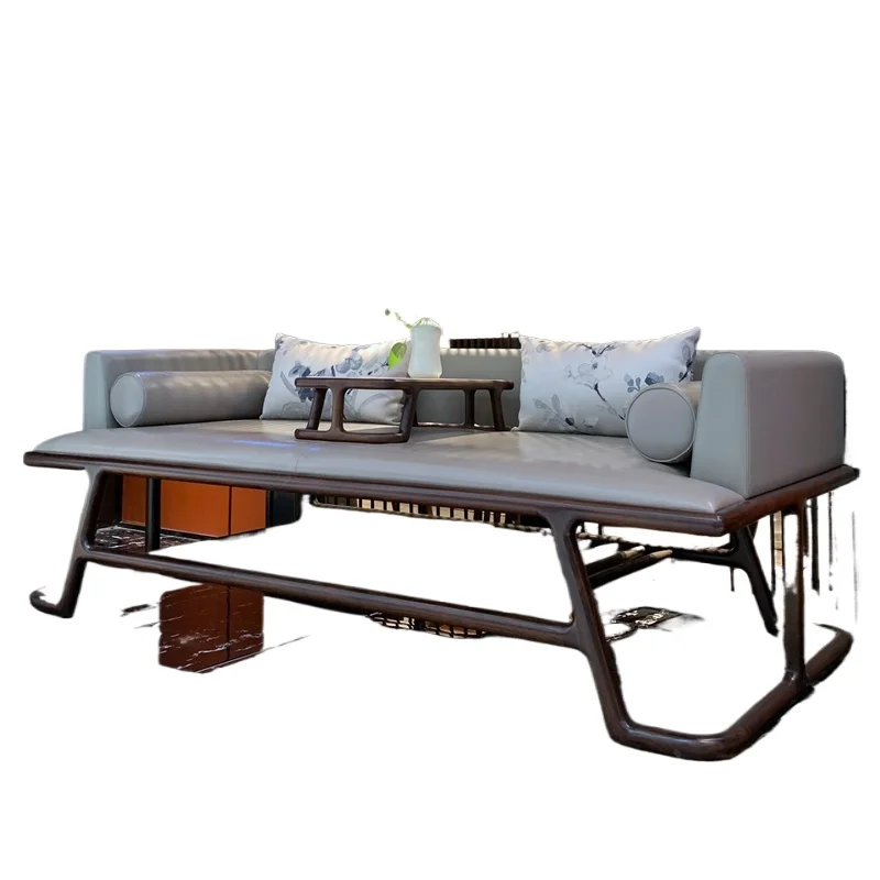 New Chinese-style North American black walnut Arhat bed, office leather double seat sofa, Song-style aesthetic solid wood