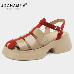 JOZHAMTA Size 34-39 Rome Sandals Women Real Leather High Heels Summer Shoes Woman 2023 T-Strap Woven  Retro Platform Sandalias