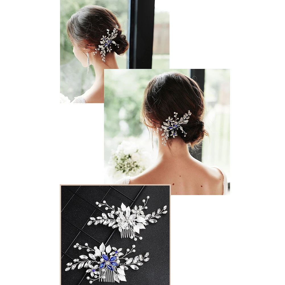 

Pearl Rhinestone Hair Comb Blue Crystal Decor Artificial Pearl Headdress Wedding Party Bridal Accessories Photoshoot Props Hair