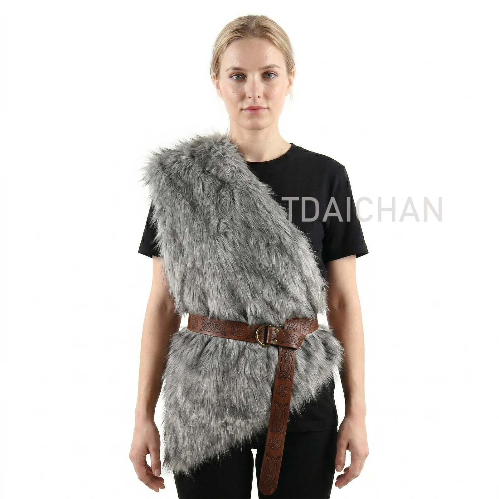Halloween Viking Faux Fur Vest Cosplay Costume 3 Color Options Ideal for Viking, Barbarian Prehistoric Themed Parties Cape Belt