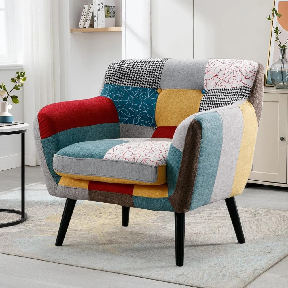 

Modern Oversized Accent Chair for Living Room, Colorful Boho Linen Fabric Upholstered Armchair with Wood Legs, Single
