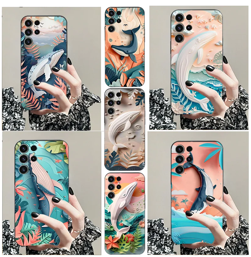 for Samsung F12 11 50 4 5 G A 71 21 41 31 51 M 20 10 PRO 9 8 30 40 S 70 plus black softphone case TPU Paper Cuttings wind whale