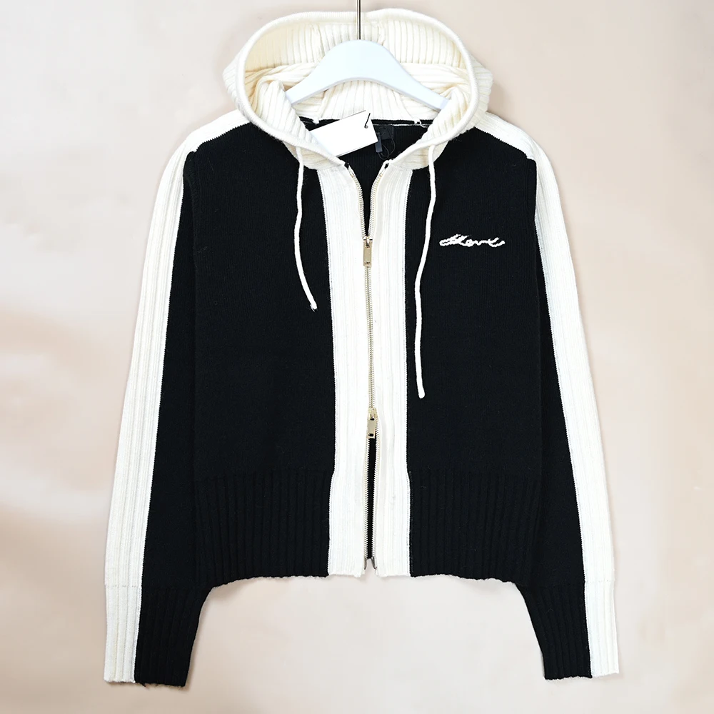

Winter New Ladies Knitted Long Sleeve Hoodie Sweater Color Block Letter US Style Open Cardigan Soft Cotton Autumn Winter Clothes