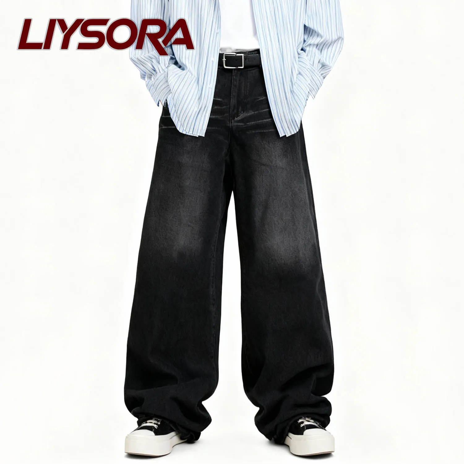 

American Men's Retro Classic Black Baggy Wide Leg Jeans Basic Style Business Casual Loose Straight Denim Pants Unisex Clothes