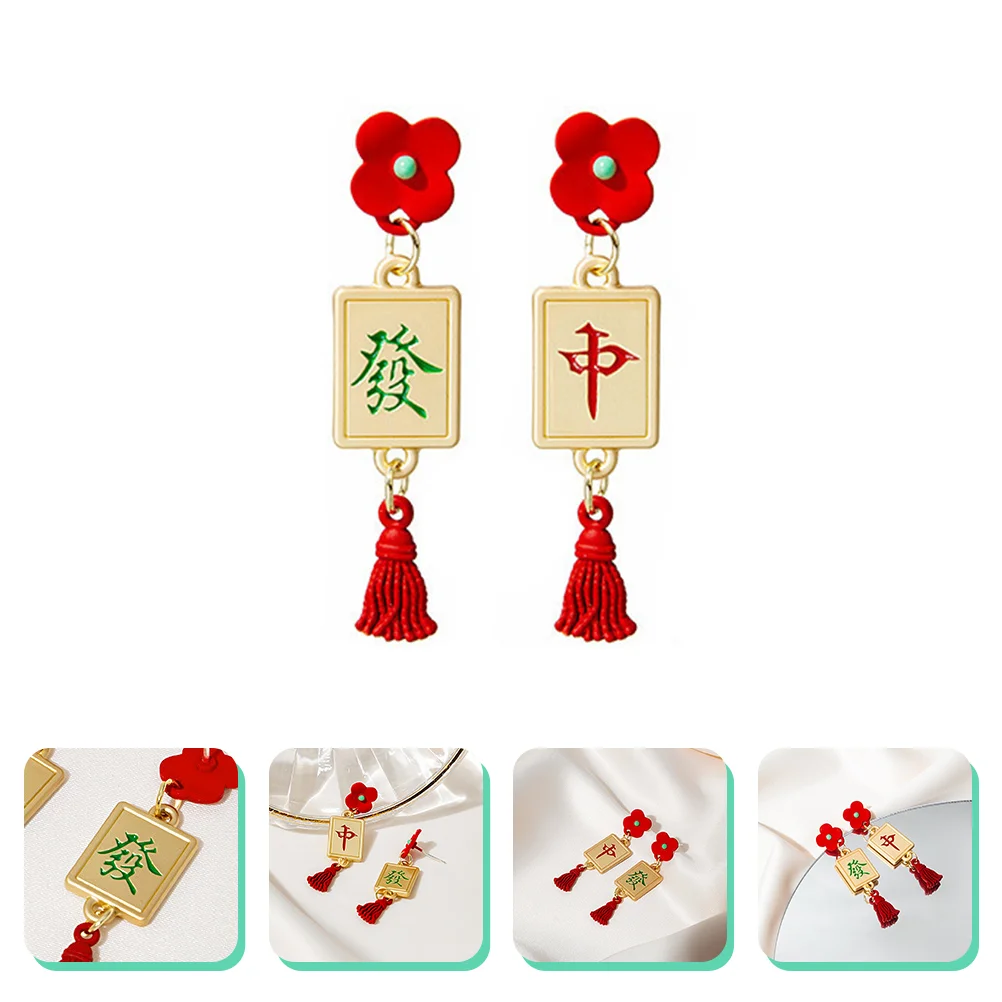 Zhongfacai Earrings Girl Lady Drop Pearl Hoop Decors for Girls Mahjong Shape Perforation Jewelries Ornament