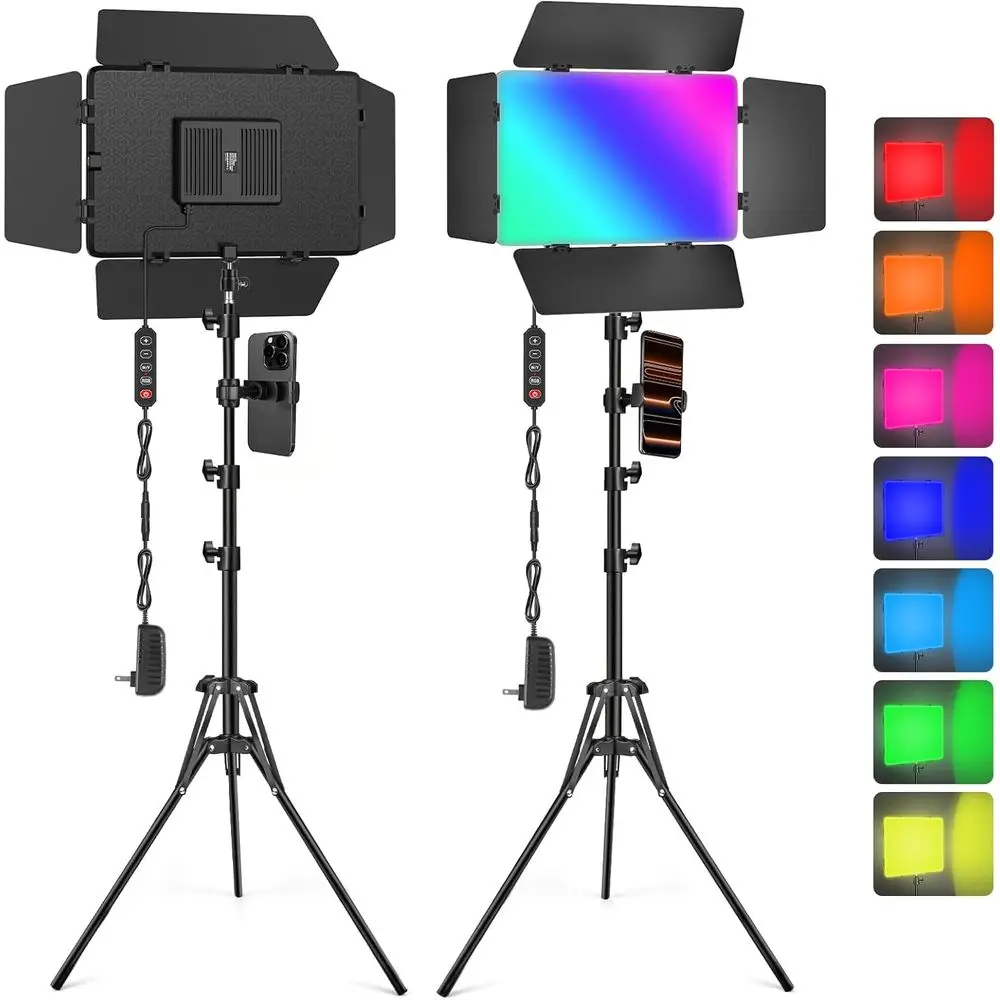 

Kewaiaa 2 Pack RGB LED Video Light with Barndoor, 2500K-8500K CRI 98+ Dimmable Bi-Color LED Studio Light Panel, 12 Eects Photogr