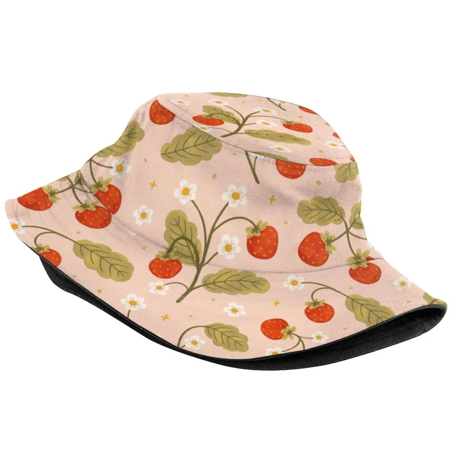 Sweet Strawberries Foldable Panama Bucket Hat Cap Strawberries Fruit Floral Aesthetic Cute Patterns Botanical Plants Garden