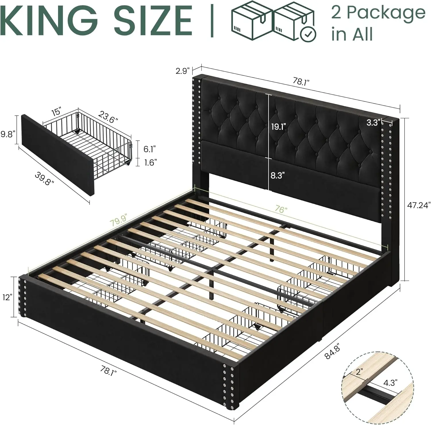 Extra Groot Bedframe Met Opbergruimte En Pluche Hoofdeinde, Fluwelen Zacht Kussenplatform Bedframe