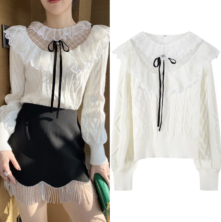 

Ele Long Sve Lace Top Knot Netting Fairy Sle Knitted Sweater Premium Version Sweet Girl's Clothing
