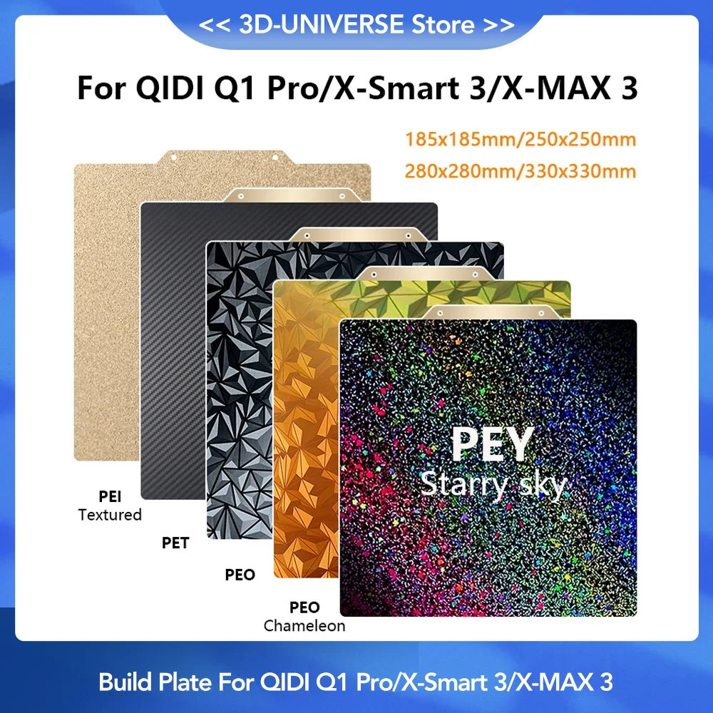 

Для QIDI Q1 Pro/X-Smart 3/X-MAX 3 PEI Встроенная пластина 185/250/280/330 мм двухсторонняя кровать PEY PEO Chameleon