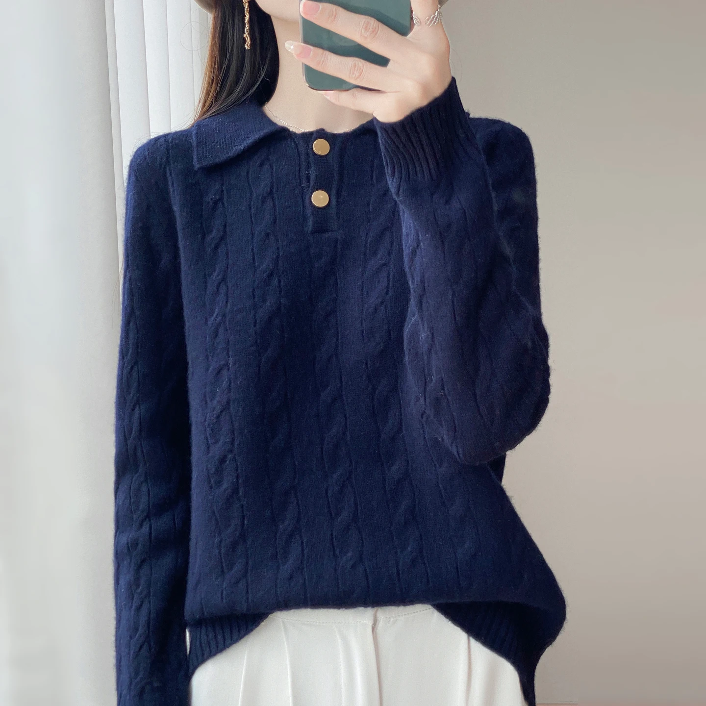 YTFidio 100% Wool Women's Fried Dough Twists Polo Pullover Solid Color Versatile Color Casual Sweater Small Women's Clothing 078