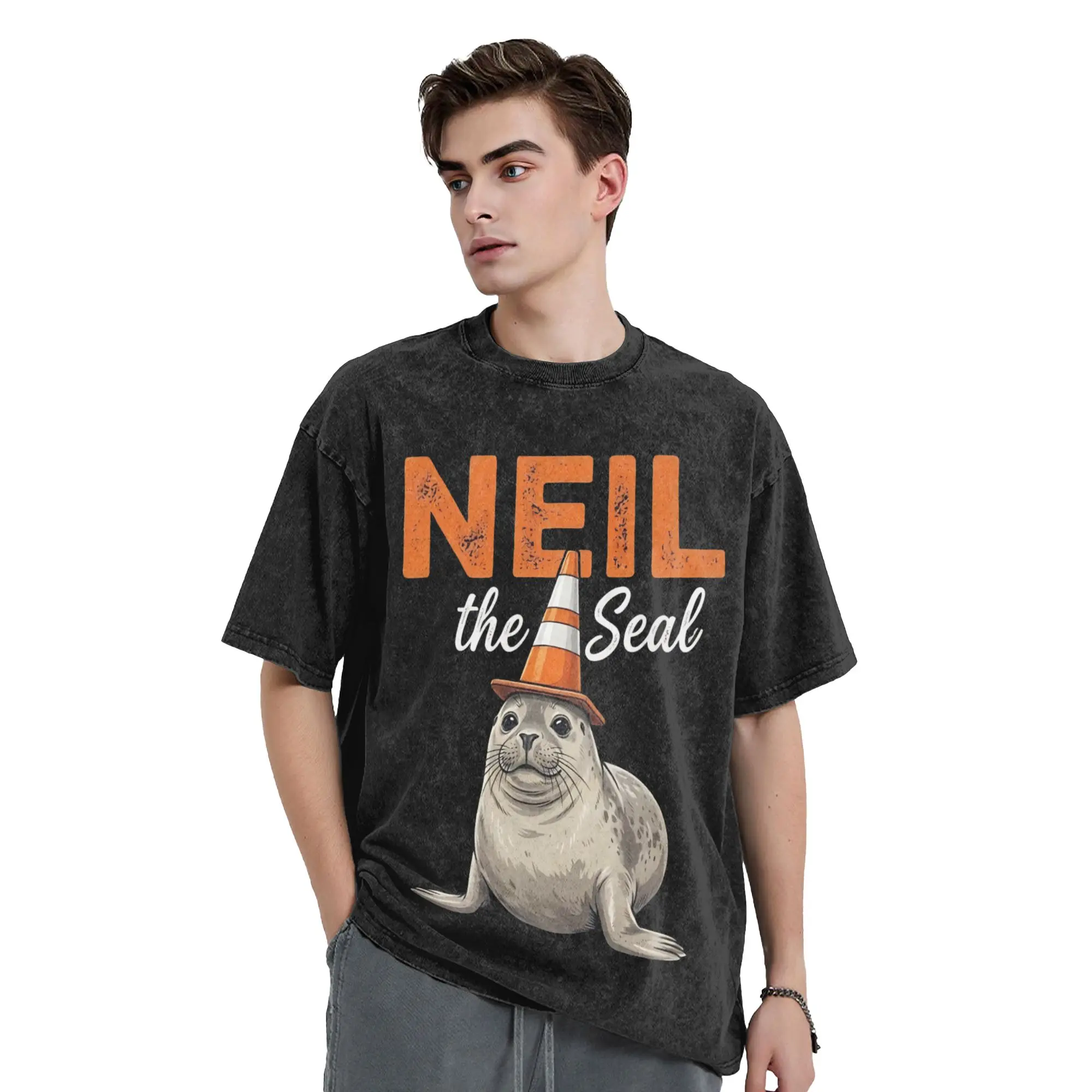 Washed T Shirts Neil the Seal Animal Hip Hop Fashion T-Shirt Streetwear 100% Cotton Graphic Printed Tops Tee Shirt Men Women