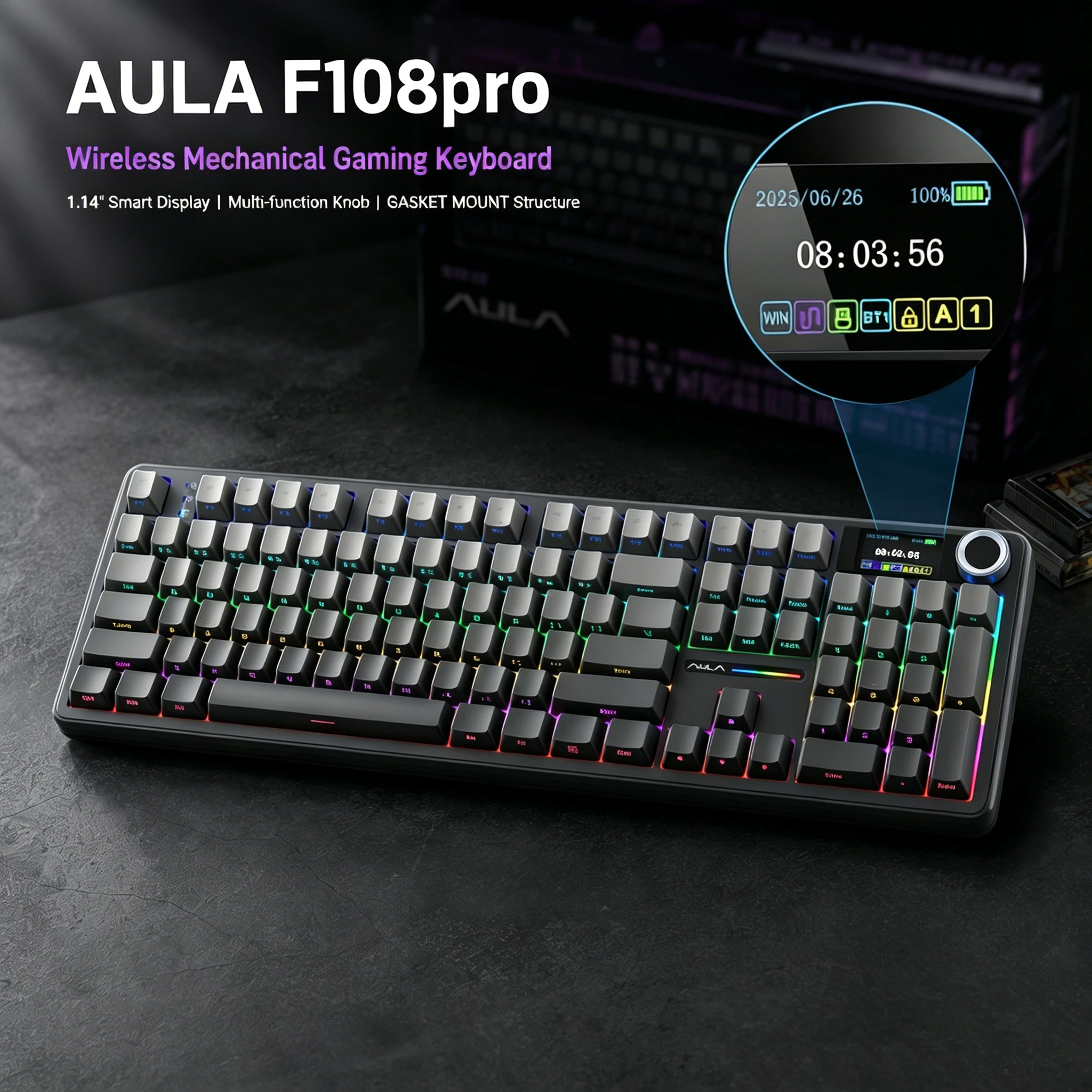 

AULA F108 PRO Mechanical Keyboard Custom Wireless Bluetooth Gaming Keyboard with Screen Knob RGB Backlight