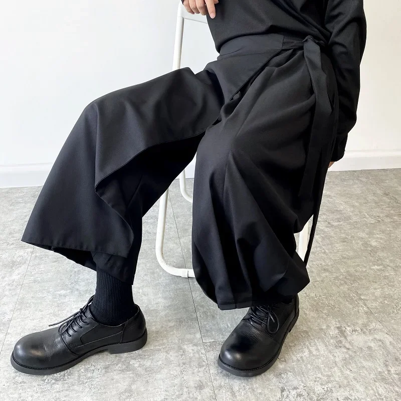 Elastic Waist Tie Culottes Men Harajuku Streetwear Trend Fashion Loose Casual Black Wide Leg Kimono Pants Women Skirt Trousers