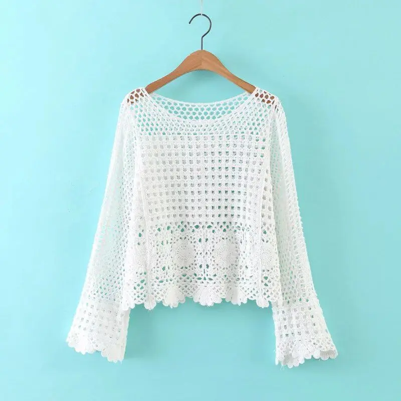 Long-sleeved crocheted hollow lace bottoming shirt women t shirt summer Korean long sleeve o neck thin top sunscreen t shirt