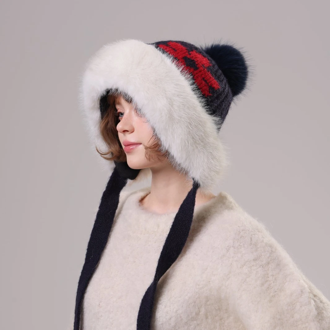 

Зимняя ретро боковая жаккардовая большая меховая вязаная шапка на шнуровке для женщин, стильные утолщенные флисовые теплые шапки-бомберы с защитой ушей