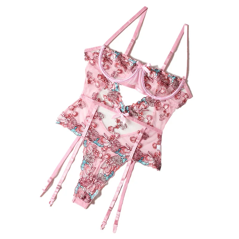 

Соблазнительное ультратонкое боди, женский кружевной бюстгальтер, сиамское нижнее белье с открытой спиной, женский прозрачный сетчатый комплект нижнего белья с цветочной вышивкой, синий