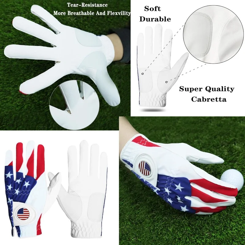 New Soft  Breathable Golf Gloves Men Leather Left Hand Right Hand Pair with Removable Usa Flag Ball Marker