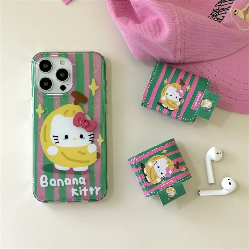 Sanrio Hello Kitty Leather For Apple AirPods1 2 3 Headphone Case AirPods Pro 2 Pink Green Stripes Case Earphone  Anti-drop Cover