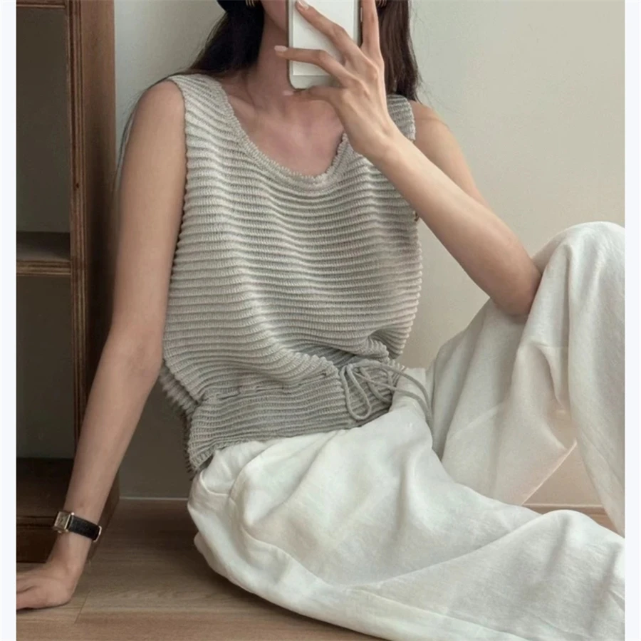 Korean Style Drawstring Design Knitted Vest Women Summer round Neck Sleeveless Top Loose Fit Medium Softness Thin Model