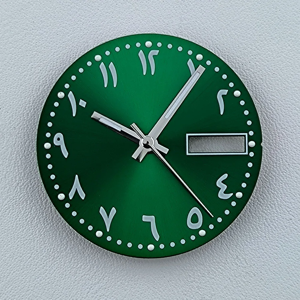 Циферблат NH36, циферблат 28,5 мм, циферблат с арабскими цифрами, циферблат с индивидуальным логотипом, зеленый светящийся циферблат, подходит для часов с механизмом NH36, аксессуары