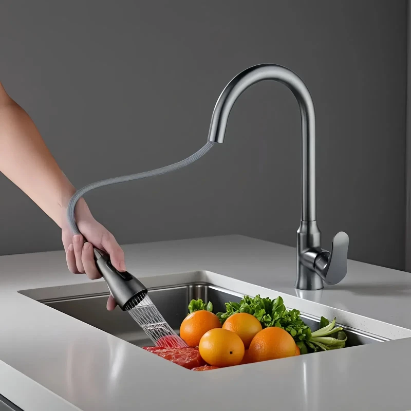 

Kitchen hot and cold faucets, brass body faucet with pull-out nozzle