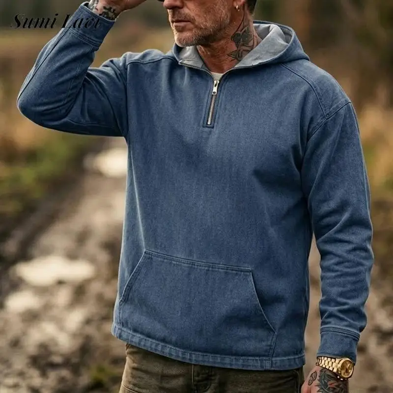 Vintage Men Denim Hoodie Polo Shirts 2026 Spring Autumn Solid Color Half Zip Daily Casual Mens Trendy Sports Tops For Men