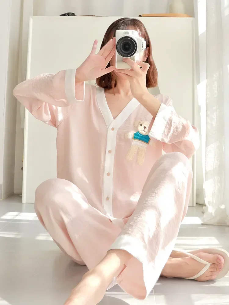 

New Cotton Thin Autumn 2023 V-neck Pure Long Spring Silk And Clothes Women's Bear Sleeve High-end Home Pajamas