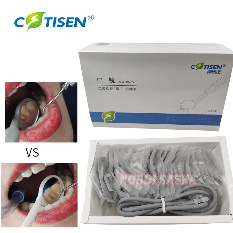 

Dental Disposable Suction Anti-fog Mouth Mirror with Handle & Silicon Tube 50Pcs Oral Examination Tools Dentistry Instruments