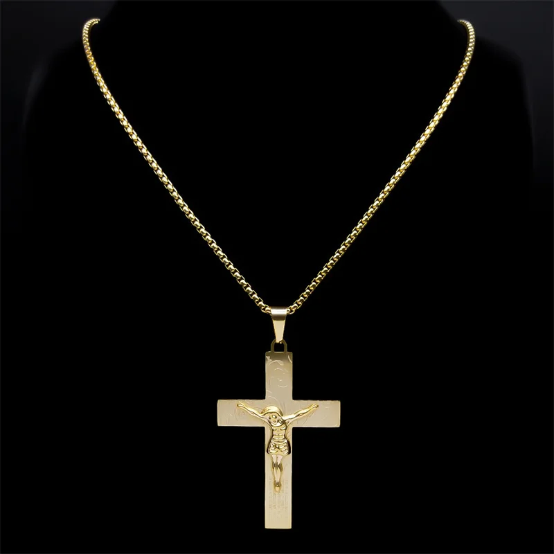 يسوع الصليب الصليب قلادة للنساء الرجال الفولاذ المقاوم للصدأ الذهب اللون الصلاة الدينية المعمودية القلائد مجوهرات colares N2352S
