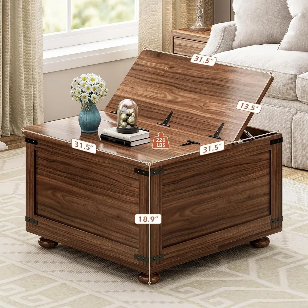 Meja Kopi Lift Penyimpanan untuk Ruang Tamu, Desain Kaki Labu Kayu Persegi dengan Mekanisme Hidrolik