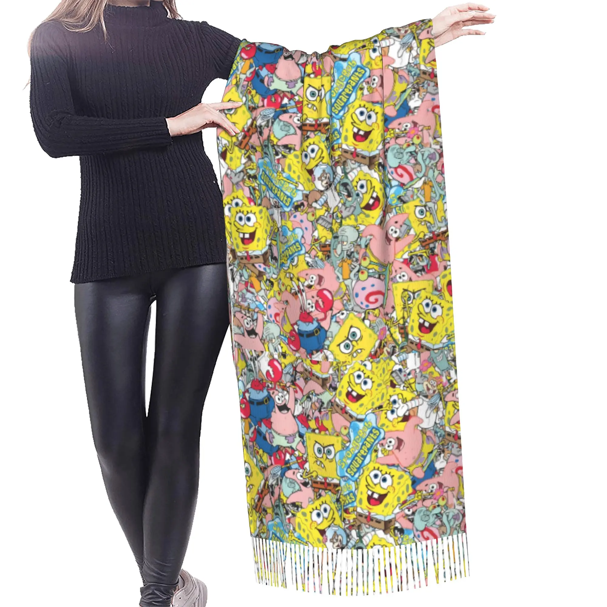 Custom Ladies Large S-Sponges Anime Bobes Scarves Women Winter Fall Thick Warm Tassel Shawl Wraps Starfish Cartoon Scarf