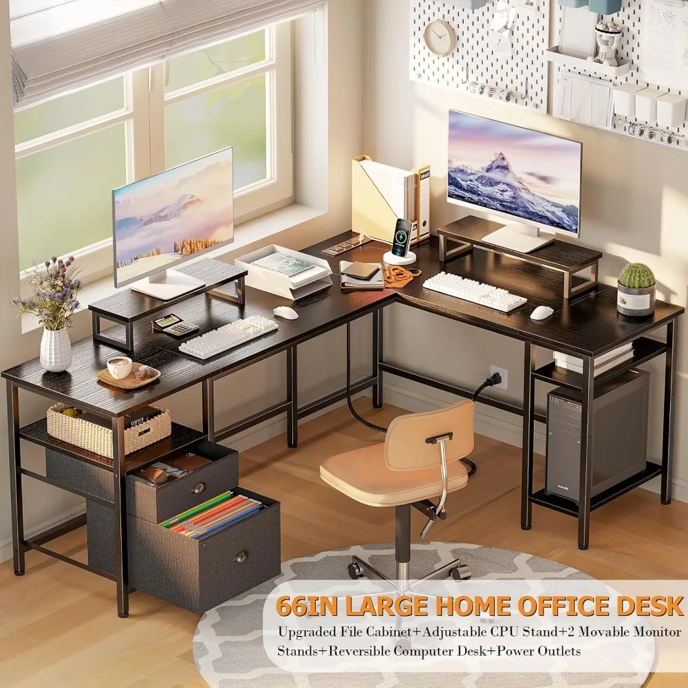 L-Shaped Gaming Desk with Power Outlet, Reversible Design, File Drawer, and Dual Monitor Stands for Home Office