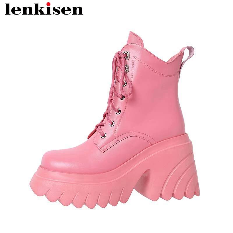 Lenkisen 2024 Ins Cow Leather Round Toe Super High Sweet Winter Western Boots Platform Lace Up Nightclub Dance Women Ankle Boots