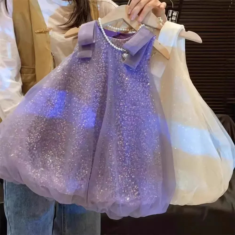 Flower Girl Dress Purple Mesh Sequin Birthday Party Children\'s Clothing Solid Color Vest Kids Dresses for Girls Casual Wear
