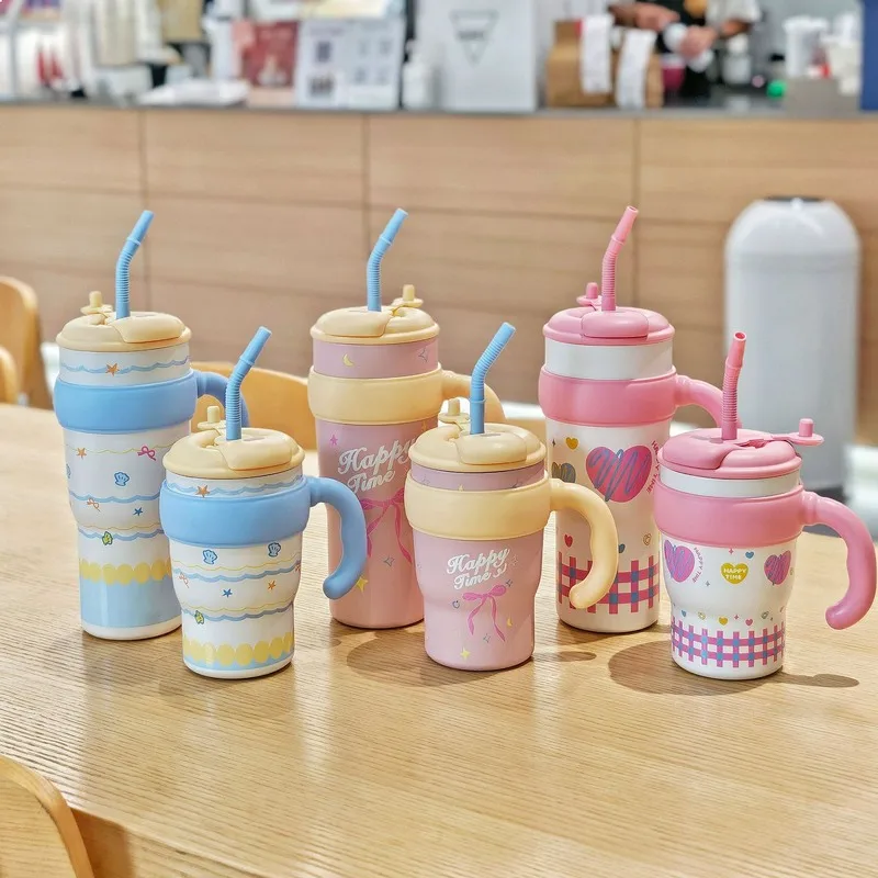 

Small Fresh Large Capacity Handle Vacuum Insulated Thermos Mug Tumbler With Straw Office Cup Stainless Steel Drinking Cup Gift
