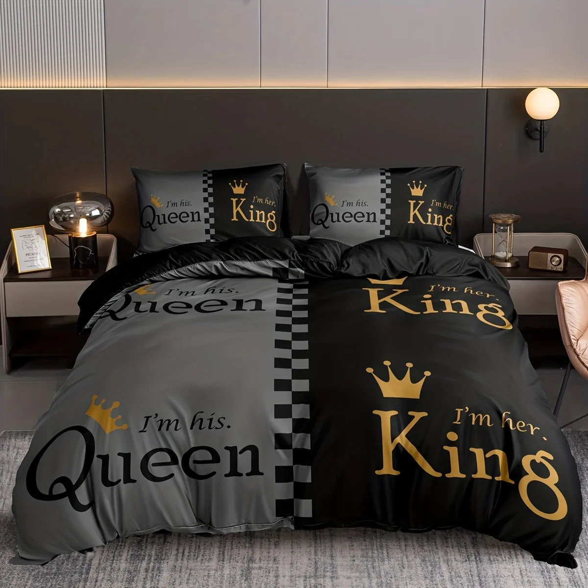 Luxury Black Red Crown Love Couple 3Pcs Queen King Full Size Duvet Cover Bedding Linen Set Bedspread For a Child 200x200 240x220