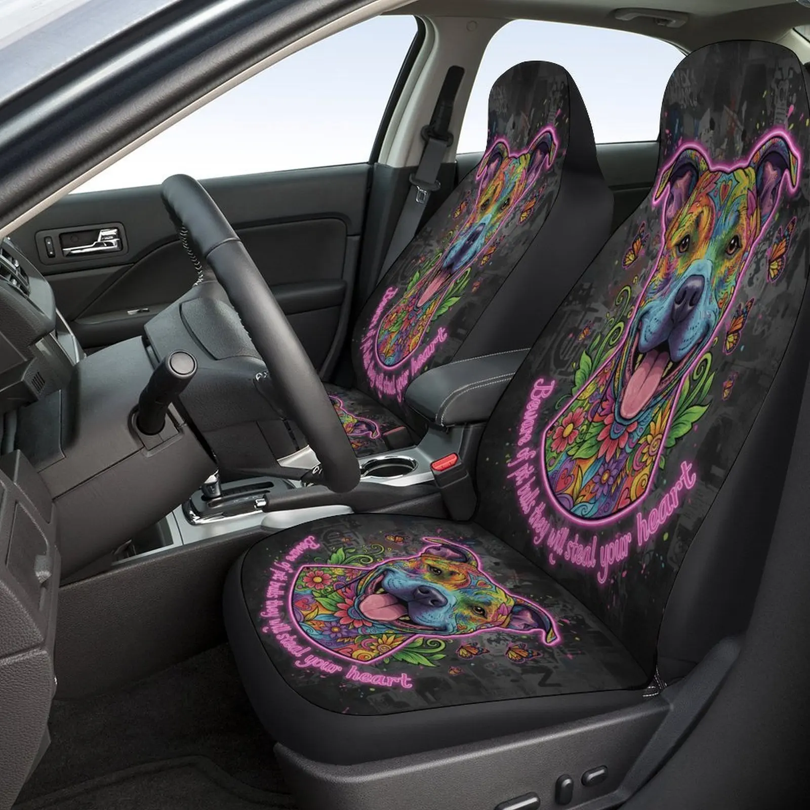 Vibrant Pit Bull Artwork Car Seat Cover Set Suitable For Most Vehicles, Stylish Premium Car Seat Protectors Complete Set, Univer