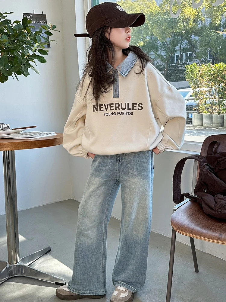 Frühlings-lässiges, faionable Mädchen-Zweiteiler-Set aus Baumwolle mit langen Ärmeln, Sweatshirt und Jeans für kleine Mädchen ab 7 Jahren