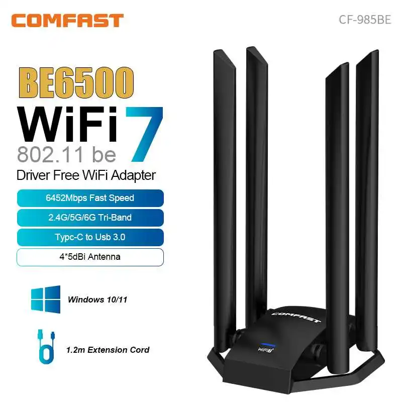 

Comfast 6500Mbps WIFI7 USB WIFI Adapter Driver-free USB3.0 Wifi Receiver Wi-Fi Dongle WIFI7/6/5/4 USB Network Card 4*5dBi