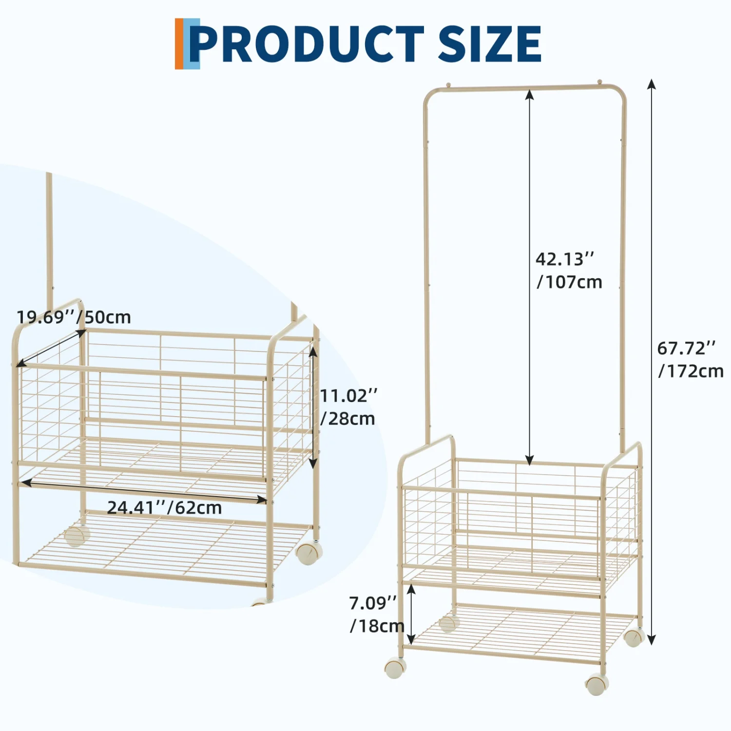 Clothes Rack with Wheels, Freestanding Metal Garment Organizer with Storage Basket & Shelves, Portable Heavy Duty Hanging Clothing Rack for Laundry Room Bedroom Bathroom
