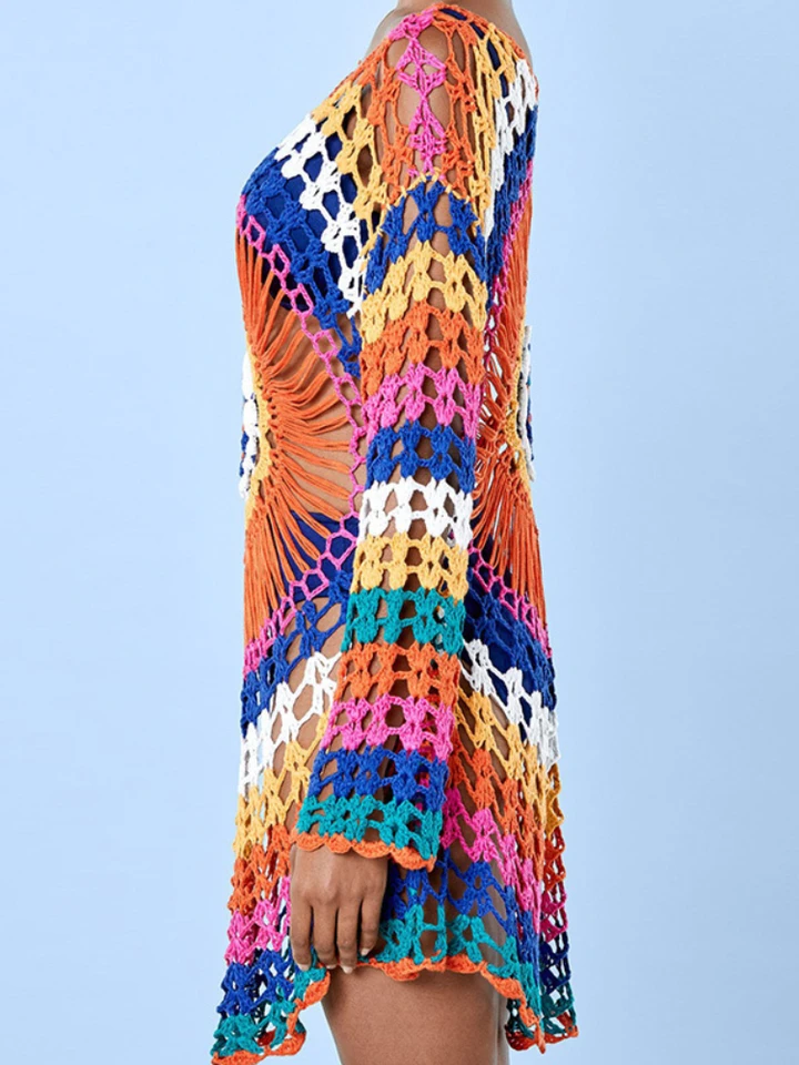 Bikini Cover Up Rainbow Crochet Top Handmade Knit Long Sleeve Beach Dress  Summer Fashion Swimwear Tunic Top Quality - AliExpress 200000345